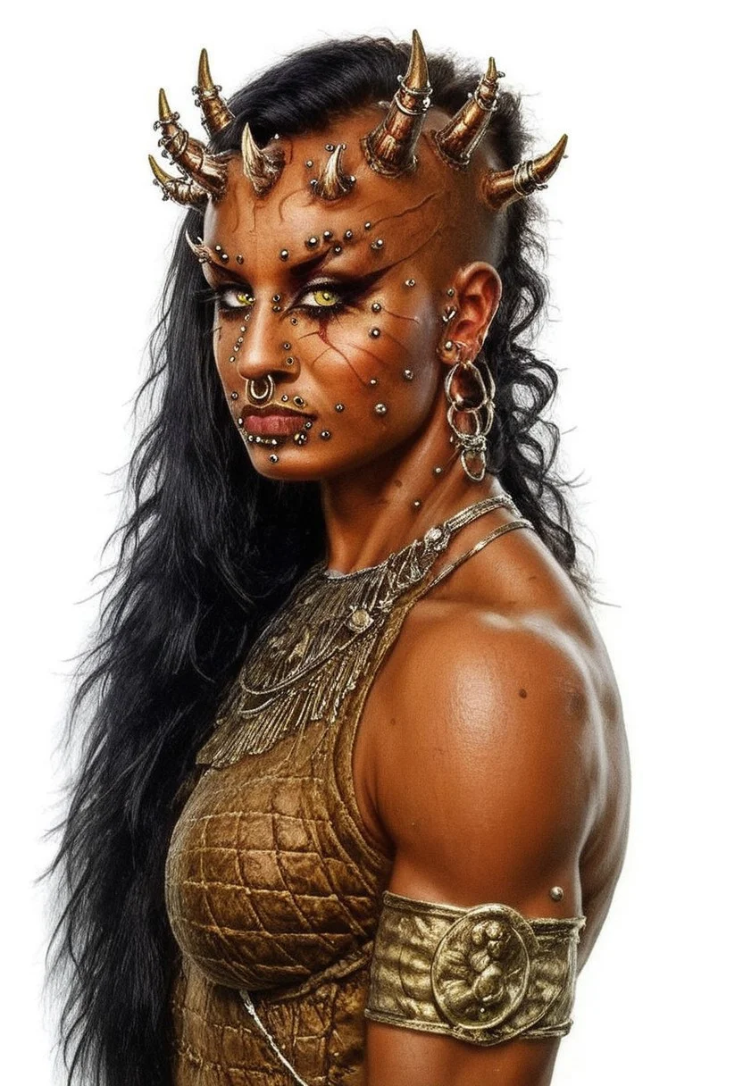 score_9, score_8_up, score_7_up, rating_safe, concept art, semi-realistic, Fixhand, 1girl, solo. Proportion body.
Warrior woman. (Muscle body:1.2). (Brown skin:1.5),
Young beautiful face, Sexy face, Sexy body,
Yellow eyes.
(Huge breast), (Round breast).
Long straight hair, Black hair, ((sidecut hair)),
(Zabrak horns:1.6),
(ExtrFacePiercing:1.8), Gold piercing.
LRArmor, Gold rings bracelets, ((jewelry:1.8)).
((Cowboy shot:1.5)).
Simple background, White background.