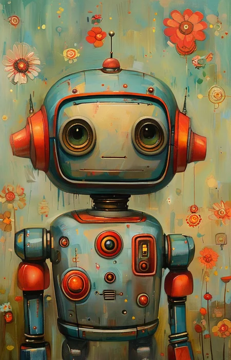 masterpiece,best quality,<lora:tbh158-sdxl:1>,illustration,style of Jeremiah Ketner, portrait of robot