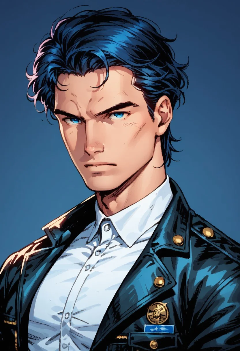 j1m l33,score_9, score_8_up, score_7_up, score_6_up, masterpiece, best quality, 1boy, black jacket, male, leather jacket, white shirt,  black hair, wolfcut medium hair, blue eyes, jack estacado base, thick eyebrows, serious, jim lee artstyle, night, detailed, leotard, solo, handsome, portrait,gradient background, mouth closed,