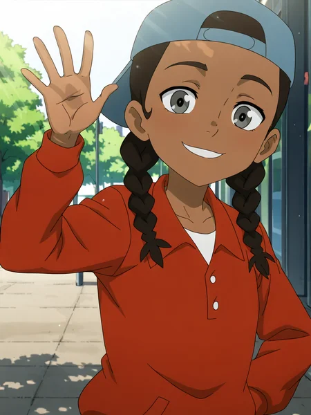 (masterpiece,best quality,newest,absurdres,highres), Fl1p, 1girl, solo, black hair, twin braids, dark-skinned female, grey eyes, baseball cap, red jacket, blue headwear, backwards hat, outdoor, smile, upper body, raise left arm, day, outdoor, waving, looking at viewer, sunlight, shadows, natural lighting, sunlight, light particles, light rays, sunbeam, dappled sunlight <lora:Flip_Johnson_IllustriousXL-000009:0.8>