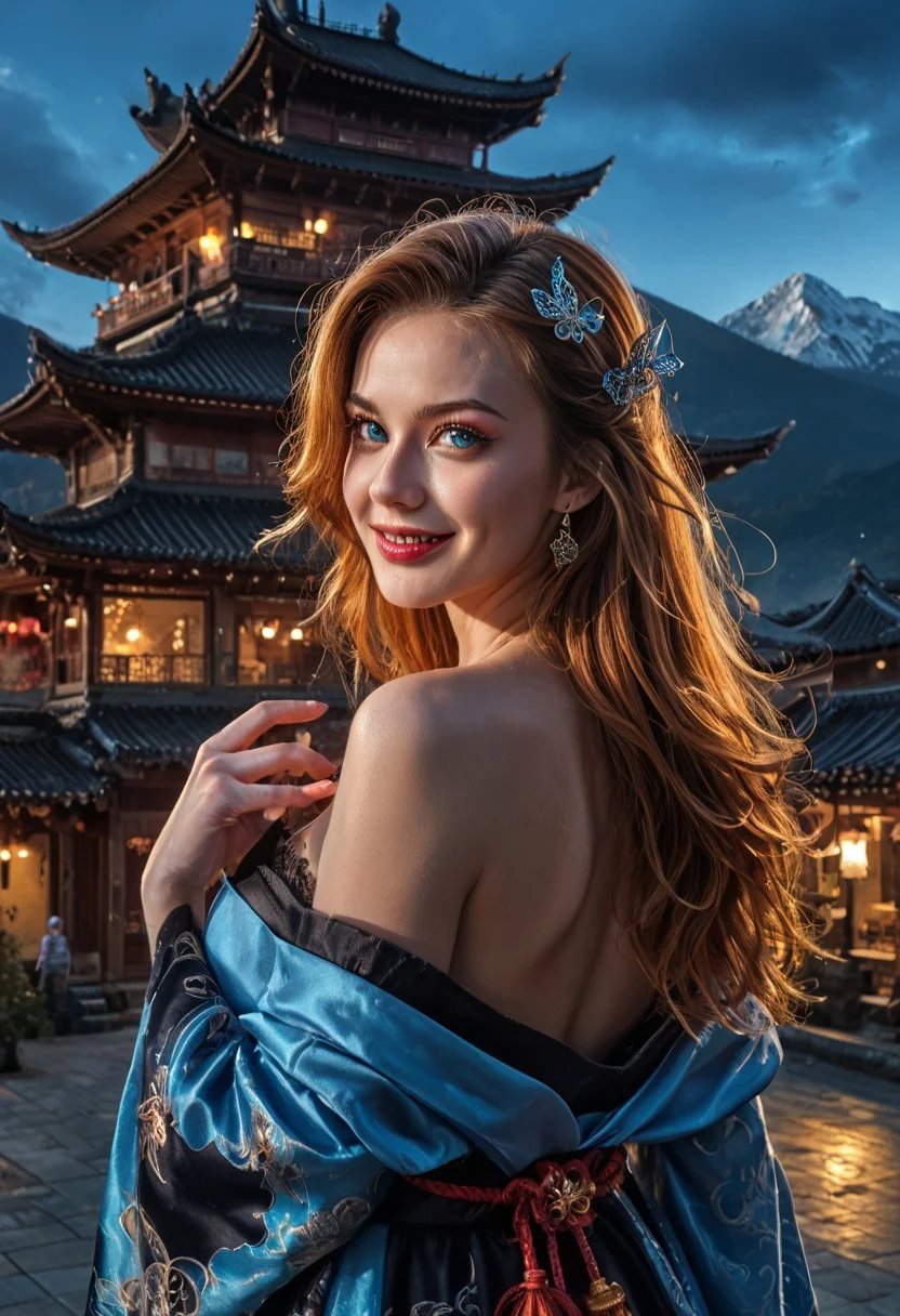 masterpiece, best quality, absurdres, photo, realistic, extremely detailed, real life photo, detailed background, detailed face, perfect face, perfect hair, perfect face, perfect anatomy, epiCPhoto, eye catching, explicit, uncensored, Rich and realistic skin texture, best quality, exquisite facial features, real skin, realism, rim light, studio lighting, detailed background, 4esthet1c, evil villain, (mountains, blue sky, east asian architecture, cinematic lighting, volumetric lighting, epic scene:1.3), partially covered in shadow, (darkness), (shadows), (innocent, cute, sweet, young, kawaii:1.4), (voluptuous), detailed skin, realistic skin, (cowboy shot:1.4), Escoffier_gensh, 1girl, hair ornament, ahoge, butterfly hair ornament, orange hair, blue eyes, long hair, bangs, long hair, ahoge, blue eyes, off-shoulder kimono, from behind, light blue kimono, sash, back, looking at viewer, smile, (dynamic sexy pose:1.3), elegant, alluring, sexy, seductive, realistic shadows, detailed hair texture, detailed face, detailed eyes, (detailed clothing:1.3), (gigantic breasts:1.3), (mature female:1.2)