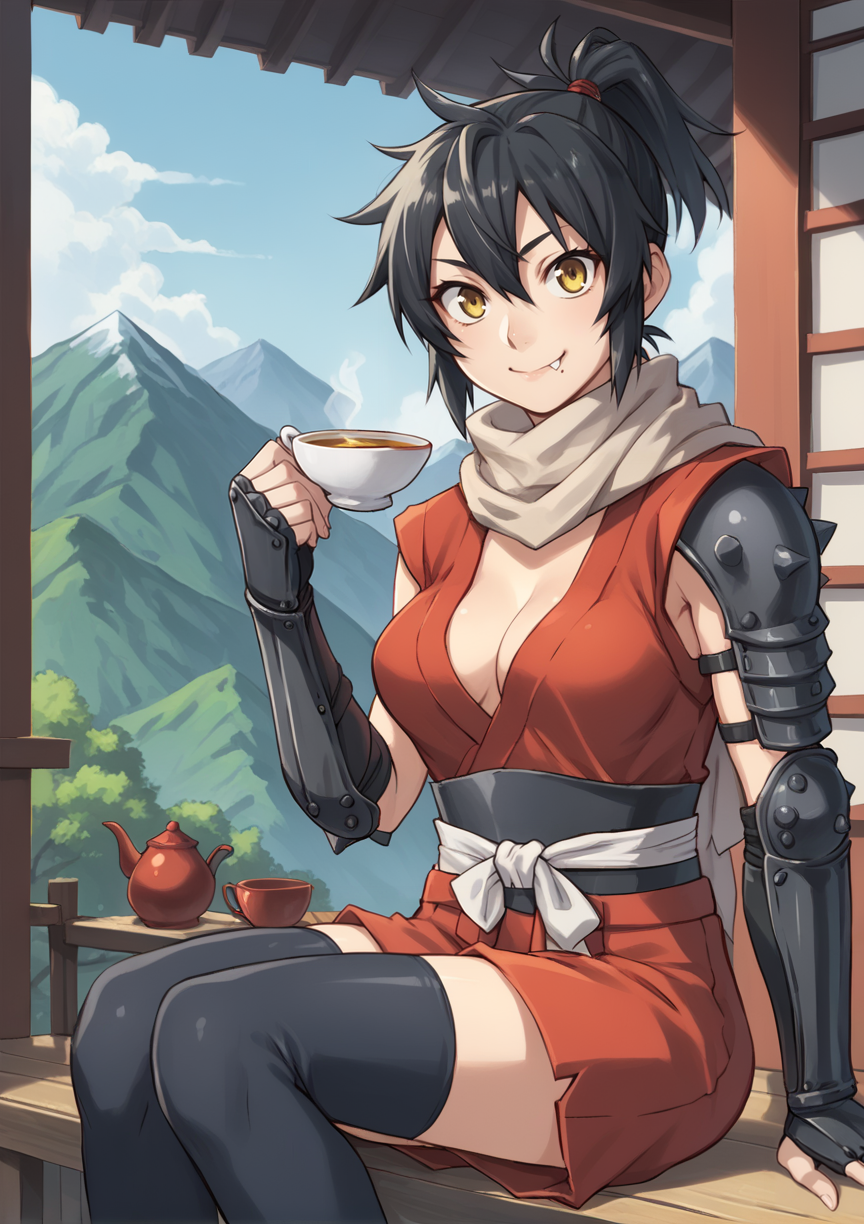 1girl, medium hair, black hair, yellow eyes, ponytail, scarf, ninja, japanese clothes, sarashi, chest sarashi, Thighhighs, gauntlets, fingerless gloves, medium breasts, sitting, eating, dango, looking at viewer, smile, tea house, mountain <lora:Chifusa_Manyuu_XL:1>, score_9, score_8_up, score_7_up, score_6_up, score_5_up, score_4_up, BREAK source_anime, masterpiece