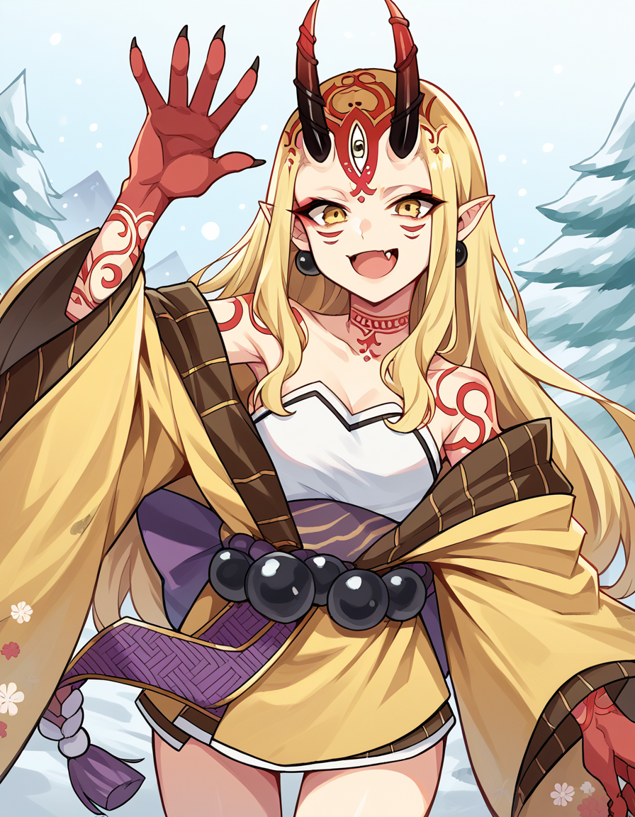 score_9, score_8_up, score_7_up, source_anime, <lora:fgo-ibaraki-douji-ponyxl-lora-nochekaiser:1>, ibaraki douji, blonde hair, facial mark, fang, forehead, horns, long hair, oni, oni horns, pointy ears, yellow eyes,, earrings, japanese clothes, jewelry, kimono, leg tattoo, neck tattoo, oni, oni horns, shoulder tattoo, tattoo, yellow kimono,, snow day, winter clothes, snowball fight, laughter, cold breath, white landscape, smile, , hand waving, solo,, cowboy shot, dutch angle
