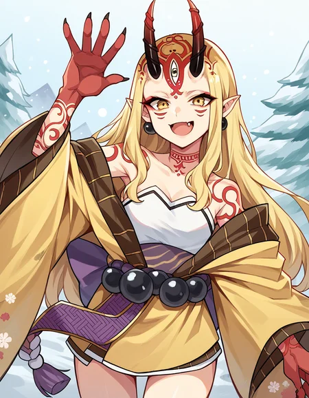 score_9, score_8_up, score_7_up, source_anime, <lora:fgo-ibaraki-douji-ponyxl-lora-nochekaiser:1>, ibaraki douji, blonde hair, facial mark, fang, forehead, horns, long hair, oni, oni horns, pointy ears, yellow eyes,, earrings, japanese clothes, jewelry, kimono, leg tattoo, neck tattoo, oni, oni horns, shoulder tattoo, tattoo, yellow kimono,, snow day, winter clothes, snowball fight, laughter, cold breath, white landscape, smile, , hand waving, solo,, cowboy shot, dutch angle