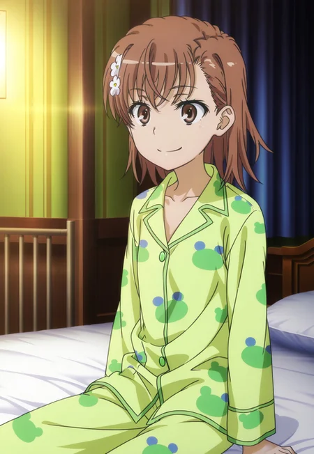 masterpiece, best quality, absurdres, highres, intricate details, very aesthetic, accurate art style, anime screencap, anime coloring, flat colors, official screencap, style parody, official art, proper proportions, extremely detailed, newest, 2025, BREAK, 1girl, misaka mikoto, short hair, brown hair, hair ornament, hair flower, pajamas, green pajamas, frog print, animal print, BREAK, smile, sitting on bed, BREAK, detailed background, indoors, bedroom, BREAK, cowboy shot, BREAK, vibrant colors, bloom, vignette, cinematic lighting, 75% soft lighting, 25% dark lighting