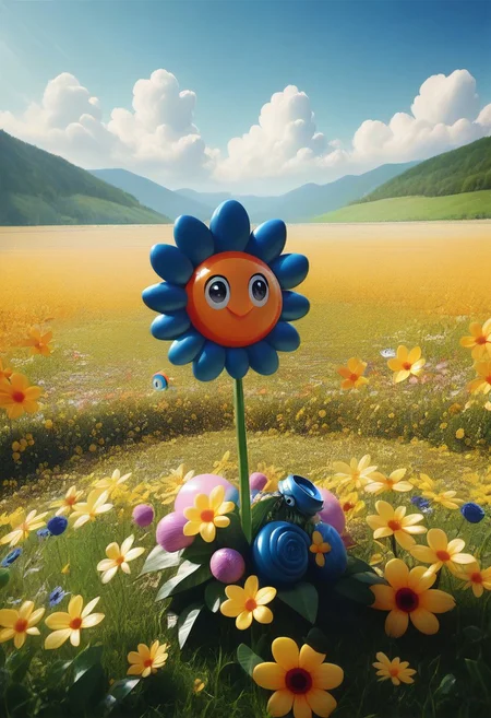 score_9, score_8_up, masterpiece, extremely detailed, best quality, highres, Latex, googly eyes, humming bird, flower field, scenery