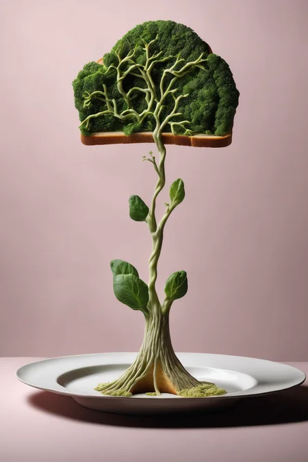 <lora:Surreal Plate:1>Surreal Plate - a plate with a tree sprouting from a slice of bread