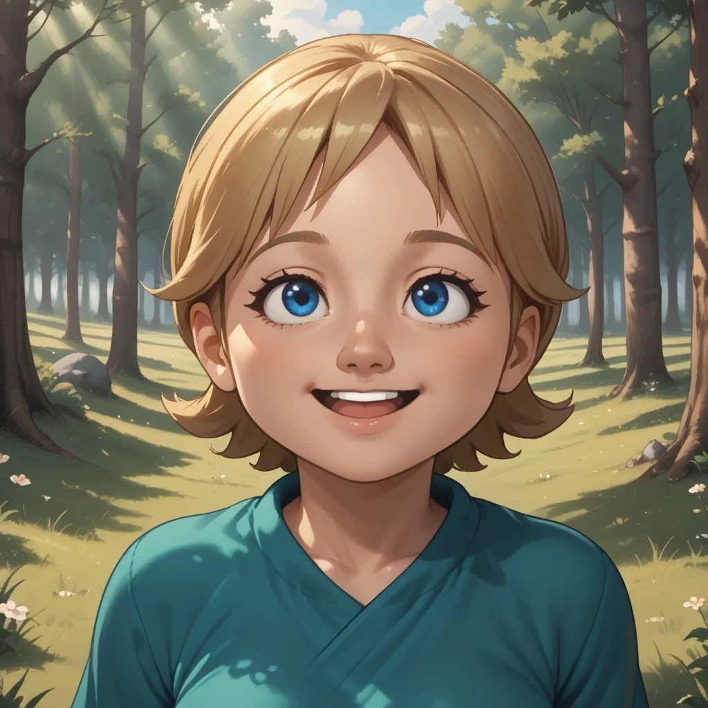 score_9, score_8, BREAK, solo, mii, wii, wii sports resort, 1girl, female mii, cute, blonde hair, black blue eyes, rare eyes, tree shaped nose, open mouth, buck tooth, double chin, chubby, chubby female, dark green clothing, white pants, shoes, Megan_(\Wii_Sports_Resort\), Nintendo Mii, modern_mii, classic_mii, big breasts, sexy pose, self portrait, smile, outdoors, sunlight, shadows, evening lighting, natural lighting, forest, trees, grass, orange sky, sunset