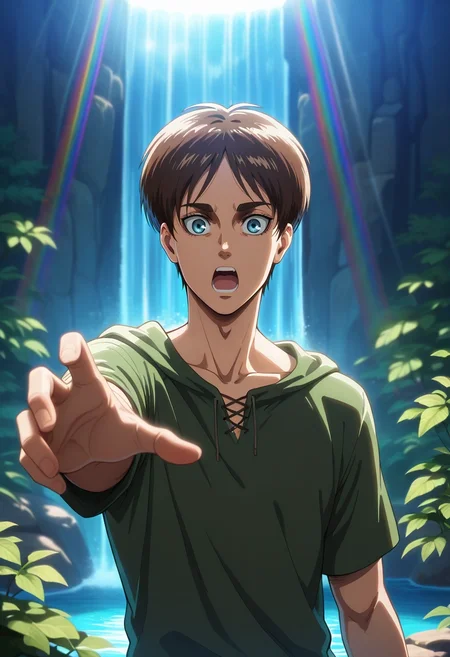 masterpiece, best quality, , (realistic:0.6), looking at viewer, , 1boy, solo, male focus, <lora:eren_yeager_ilxl:0.96>, eren_yeager_s4, brown hair, blue eyes, very short hair, hidden waterfall, mossy rocks, rainbow mist, ferns, reaching out, amazed expression, filtered sunlight,
