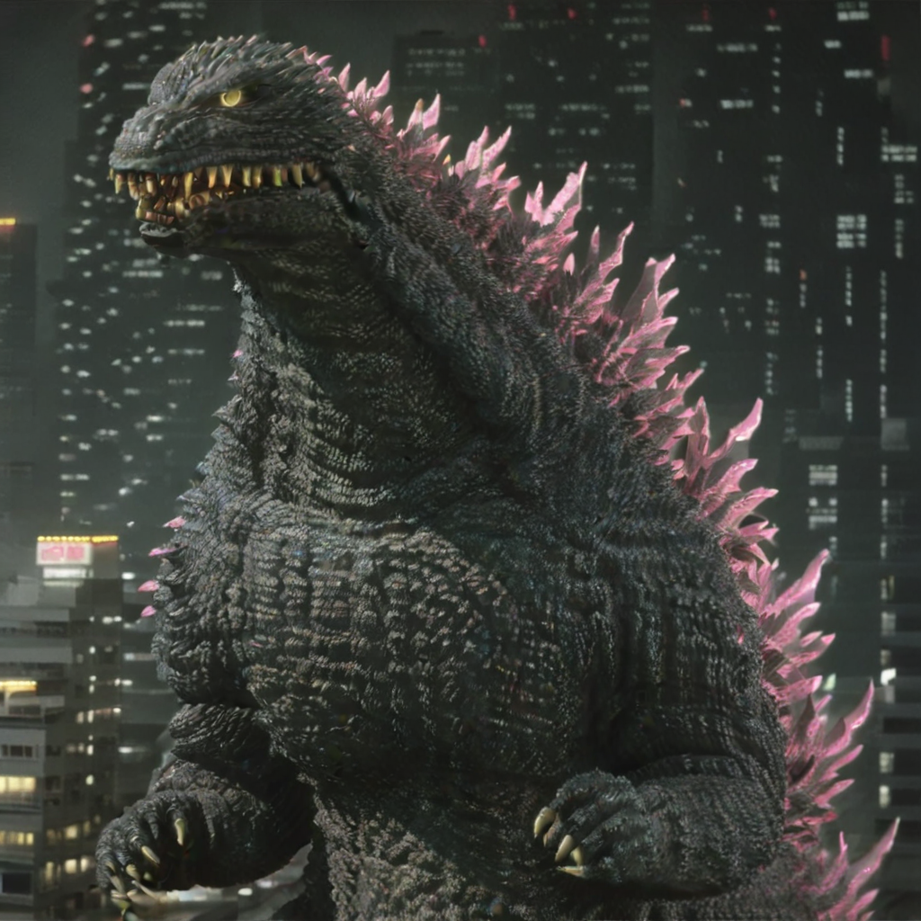 score_9_up,no humans,kaijuu,claws,city,solo,sharp teeth,open mouth,yellow eyes,looking at viewer, gigantic monster,monster,realistic,tail,pink godzilla crest,HD,lateral pose,shot pose,