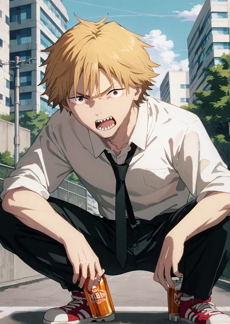 score_9,score_8_up,score_7_up,score_6_up,score_5_up,score_4_up,source_anime,best quality,masterpiece,
<lora:denji_chainsaw_man_pony:1>,denji_chainsaw_man,
1boy,solo,blonde hair,brown eyes,short hair,sharp teeth,
white shirt,collared shirt,black necktie,black pants,sneakers,
outdoors,front view,
<lora:slav_squatting_pony_v1:1>,slav_squatting,squatting,
looking at viewer,half-closed eyes,angry,frown,glaring,shouting,open mouth,pov,