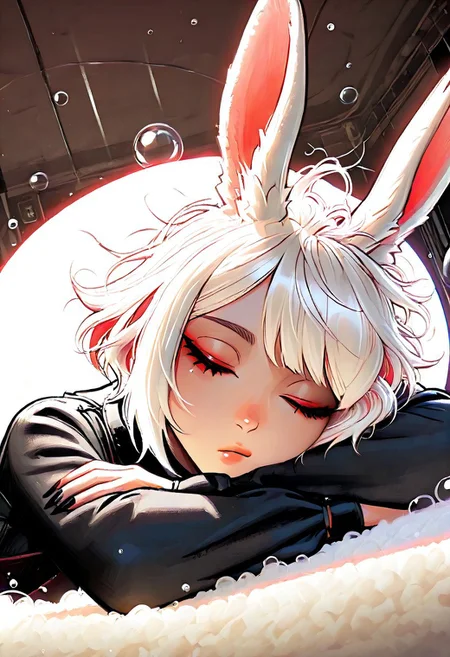 rabbit girl, red eyes, messy hair, on her stomach, on a bubble, sleeping, gothic_glittercore
masterpiece, best quality, ultra-detailed, best illustration, short white hair, wolf cut, rabbit ears, uneven bangs, gothic_glittercore
detailed background, dynamic lighting, volumetric lighting, dynamic pose, dynamic angle,