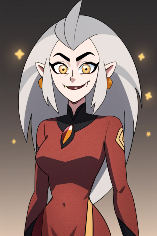 masterpiece, best quality, <lora:edalyn:0.7>, 1girl, solo, grey hair, long hair, yellow eyes, smile, looking at viewer, fang, red dress, long sleeves, jewelry, looking at viewer, sunlight, delicated ilumination, highly detailed, dark background, gradient background, tight clothes, edalyn