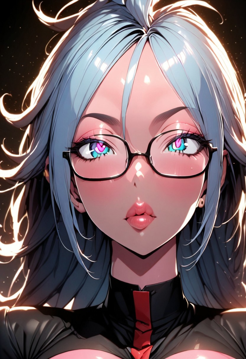 (masterpiece), (best quality), (ultra-detailed), 
1girl, solo, android 21 merged with Bulma,  gorgeous lips, an elegant face, pink skin, blue hair, long hair, spectacles,
light particle, particle, shadow,  
detailed lips , black detailed pupils, puffy lips, wide lips thick lips, big lips, large lips, parted clothes