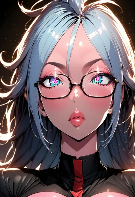 (masterpiece), (best quality), (ultra-detailed), 
1girl, solo, android 21 merged with Bulma,  gorgeous lips, an elegant face, pink skin, blue hair, long hair, spectacles,
light particle, particle, shadow,  
detailed lips , black detailed pupils, puffy lips, wide lips thick lips, big lips, large lips, parted clothes