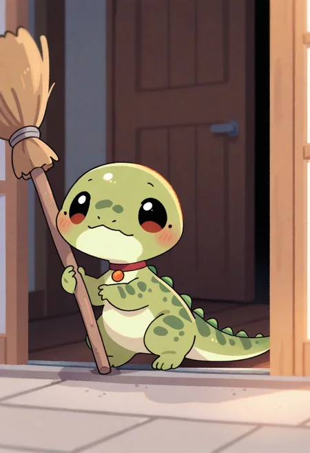 (masterpiece, best quality, high quality, highres), very awa, highres, absurdres,
(naguru \(cyoroama\), (chii-kun \(seedyoulater\):0.7),
pikaole, cute, animal focus,
(lizard:1.1), embarassed, (cute:1.2), (solo:1.2), (axolotl:0.5), green skin,
red choker with buckle,
sweeping the floor with a broom,
cozy house corridor,