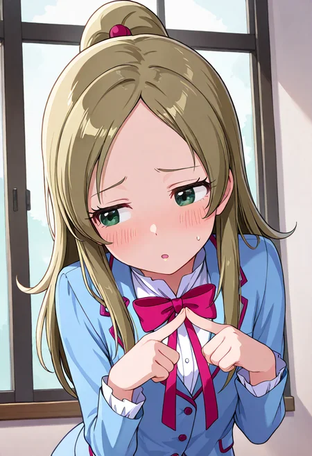 masterpiece, best quality, absurdres, very aesthetic, general,
minamino kanade, aria gakuen school uniform, 1girl, solo, blush, green eyes, blue shirt, index fingers together, open mouth, sweat, brown hair, fidgeting, upper body, bowtie, pink bow, ponytail, looking at viewer, long sleeves, blazer, eyelashes, half updo, blue jacket, sweatdrop, white shirt, blonde hair, red neckwear, red bow, :o, indoors, pink neckwear, shiny hair, ribbon, parted lips, light brown hair, eyebrows visible through hair, half-closed eyes, embarrassed, parted bangs, frilled sleeves, looking away, collared shirt, close-up, leaning forward, very long hair, blue vest, window, raised eyebrows, hands up, nervous, dutch angle
<lora:cure_rhythm_minamino_kanade_illustXL_locon_v1:0.7>
