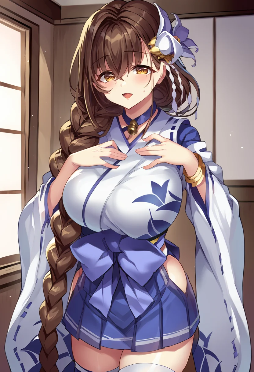 score_9, score_8_up, score_7_up, masterpiece, source_anime BREAK 1girl, ct_shira, yellow eyes, brown hair, long hair, braided ponytail, hair flower, large breasts, blue kimono, neck bell, collar, gold bangle, long sleeves, wide sleeves, hakama short skirt, white thighhighs, looking at viewer, hand on chest,indoors, wooden wall, cowboy shot, <lora:ShirayuriSakura_Pony_ct_ver2-000007:1>