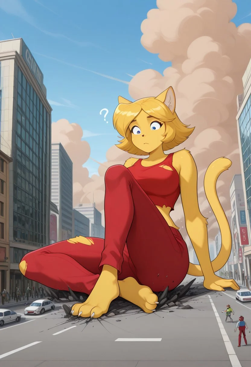 clover, furry, anthro female, grabbing onto building, confused, style parody, parody, animification, dominant, sitting on ground, brown clouds on floor, blue sky, long legs, large breast, wide hips, masterpiece,best quality,amazing quality
clover, furry, feline woman, cat ears, cat tail, yellow fur, yellow hair, short hair, red top, red pants. ripped clothes, torn clothes, midriff, bare feet, clawed feet,
<lora:giantess-ponyxl-lora-nochekaiser:1> giantess, giant, building, people running outdoors, destruction, zPDXL3