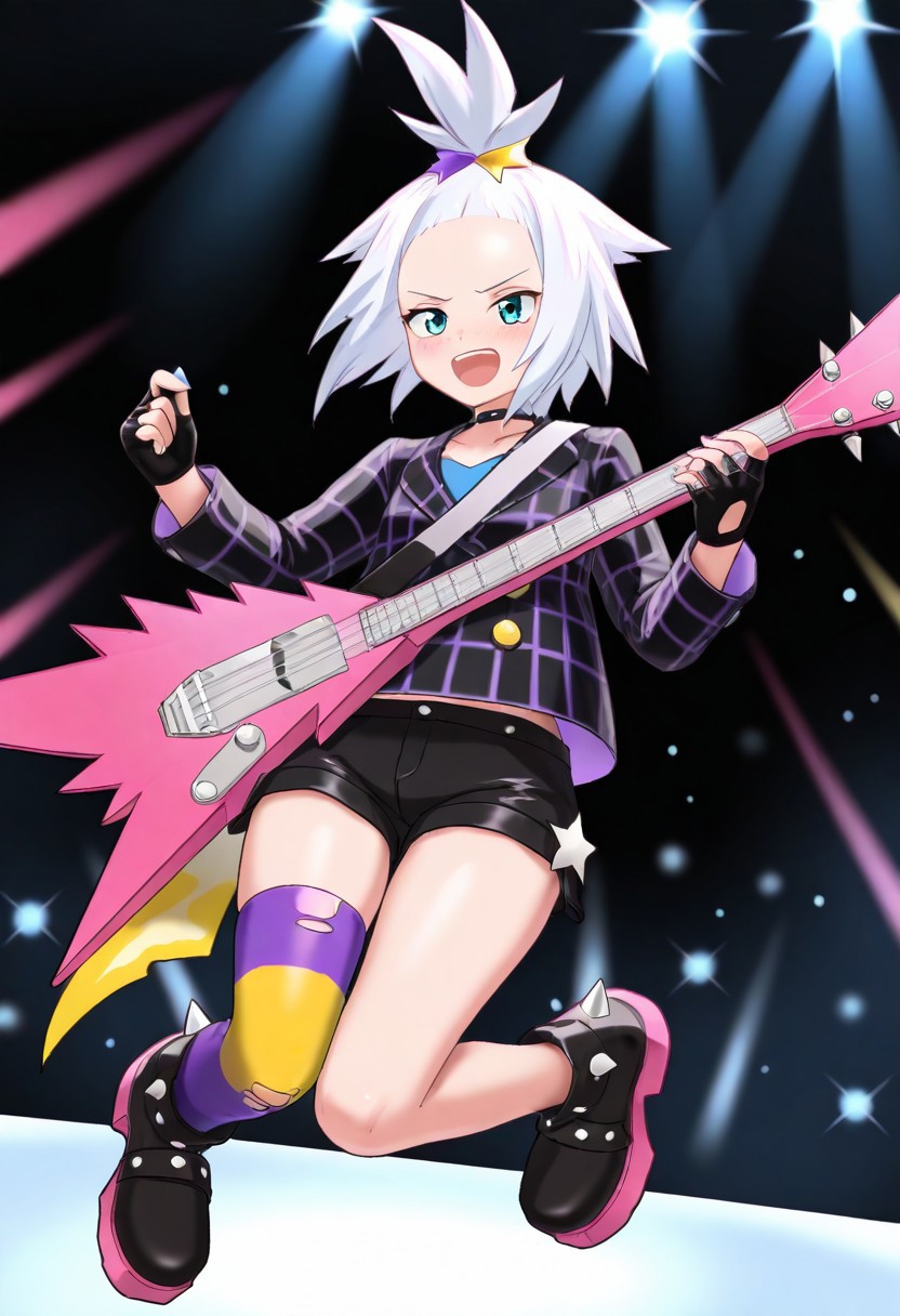 2d, masterpiece, best quality, amazing quality, 1girl, solo, full body, jumping, on stage, sygroxie, blue eyes, white hair, topknot, hair hornament, spiked hair, choker, collared jacket, long sleeves, yellow buttons, blue shirt, black shorts, fingerless gloves, black gloves, single thighhigh, torn thighhigs, striped thighhighs, purple socks, yellow socks, platform boots, black footwear, holding  instrument, bass guitar, pink guitar, playing guitar, plectrum, masterpiece,best quality,amazing quality,very aesthetic,high resolution,ultra-detailed,absurdres,newest