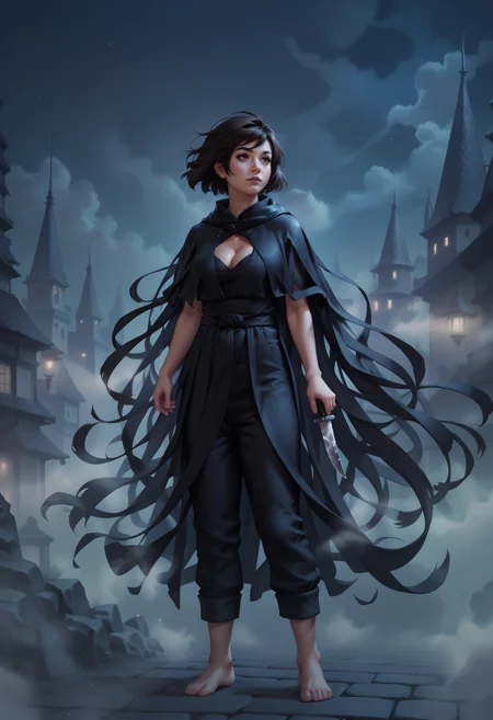 (score_9_up, score_8_up:1.2), score_7_up, vin, 1girl, black bob haircut, brown eyes, tasselled cloak, knife, barefoot, cleavage, city, night, mist, volumetric lighting, <lora:Vin_-_Mistborn:0.6>