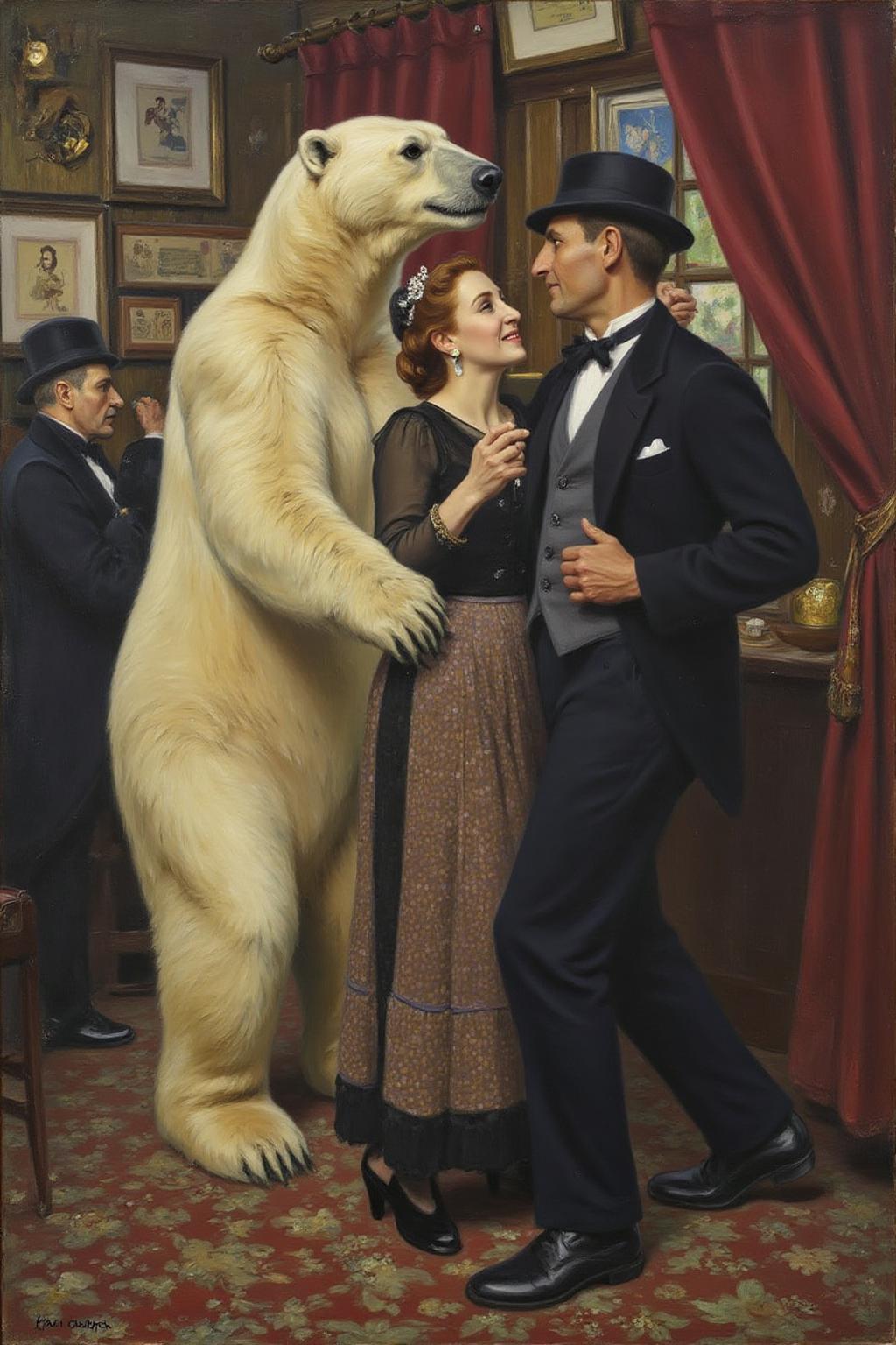 hansandersenbrendekilde1 painting. 
A man and a woman dancing with a polar bear at a jazz club.  <lora:hansandersenbrendekilde1_cap_d8a4e11:1.0><lora:855173766810986757:0>
