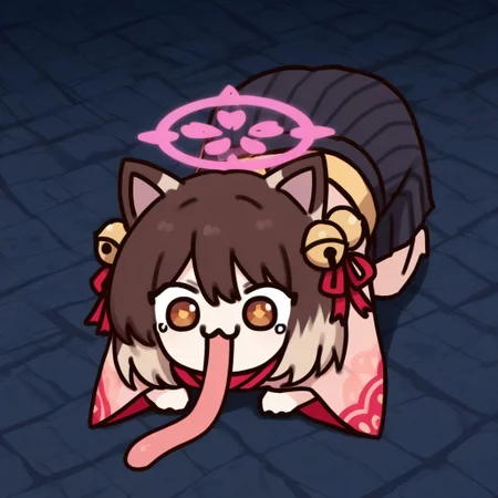 Ichihime, 1girl, solo, cat girl, multicolored hair, gradient hair, brown eyes, red eyes, animal ears, cat ears, hair bell, hair ribbon, tail, chibi, halo, parody, on stomach, mismatched pupils, all fours, very long tongue, :3
(masterpiece, amazing quality, absurdres, highres, newest, very awa:1.2)