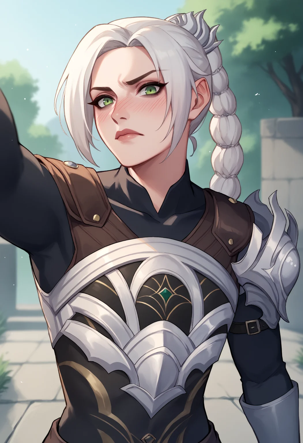 score_9, score_8_up, score_7_up, score_6_up, score_5_up, score_4_up, BREAK,
1girl, selunite, white hair, braided ponytail, green eyes,, leather armor, facegrabpov, blush, upper body, looking at viewer, solo, outdoors <lora:GrabbingViewerXL:1> <lora:ShadowHeartXL:1>