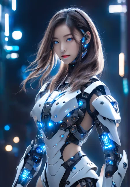 [1 Asian girl, straight long hair, pretty face, ear, professional lighting, standing, medium breasts, brown twintails, (blue eyes), (white:1.1),(((bodycon futuristic cyber-armor:1))), breastplate, vambraces, faulds, cuisses, detailed ultra photorealistic,  outdoors, cinematic, dark scene, night, future city, neon light, professional lighting, upper body shot,],
<lora:cybrk-knight:0.9>,