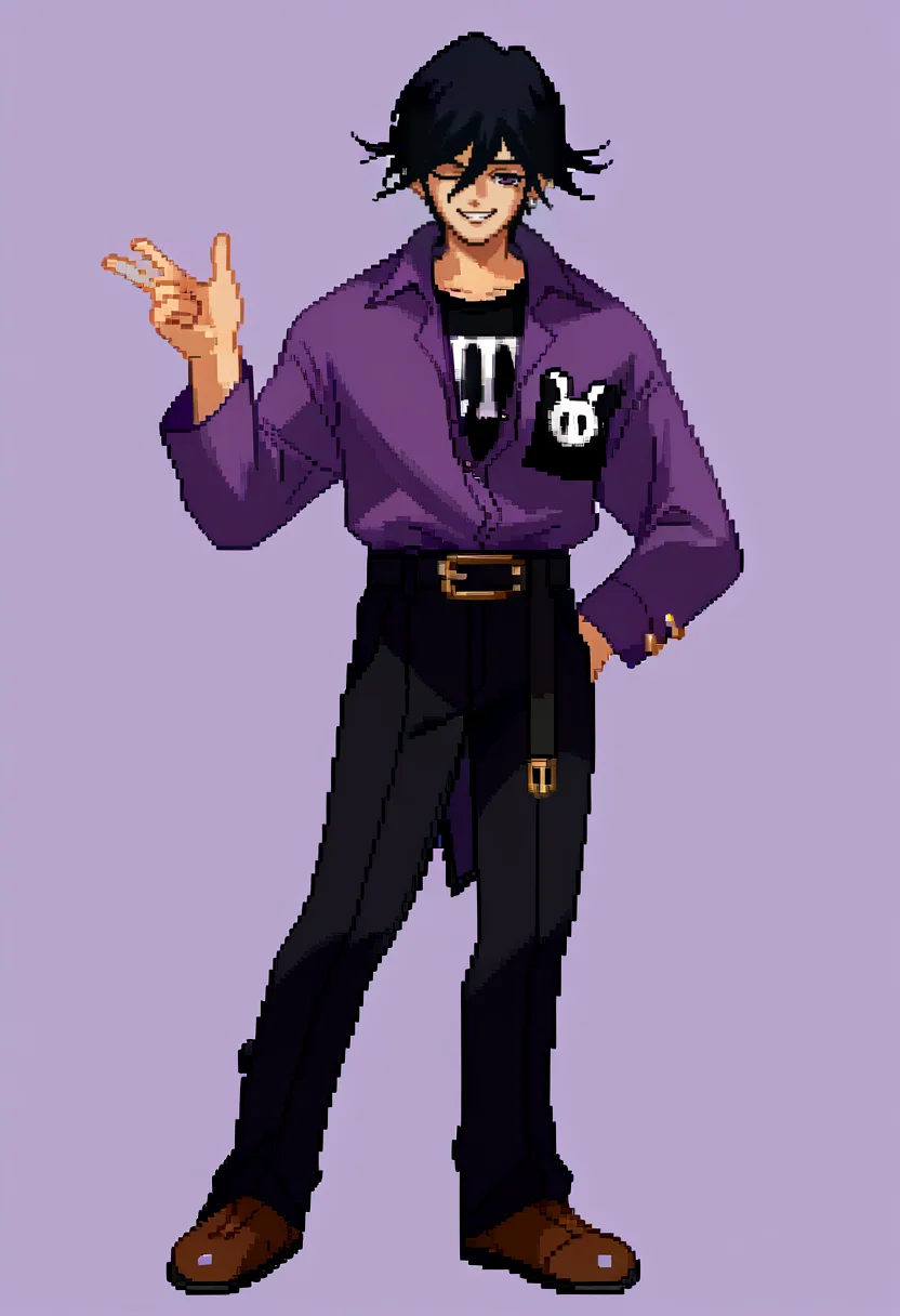 score_9, score_8_up, score_7_up, source_anime, BREAK, solo, 1boy, smile, looking at viewer, <lora:Guilty-Gear-SpritesV2-pdxl_Fp:1>, simple background, full body, pixel art, standing, <lora:Naoya-pdxl_Fp:1>, naoya25a, shirt tucked in, purple shirt, black pants, black shirt, belt, single earring, black hair, purple eyes, one eye closed,