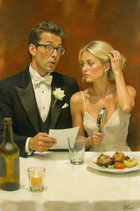 painting. kard1. A man and a woman seated at a table covered with a white tablecloth. kard1 illustration, close up portrait of a couple at a restaurant. The man, on the left, is dressed in a classic black tuxedo with a white bow tie and a white boutonniere on his lapel. He is wearing glasses and holding a piece of paper, looking surprised or confused. His hair is neatly styled. In front of him, there are various items on the table, including a bottle of beer, a plate with food, a glass, and a candle. The blond woman is touching her hair with one hand while holding a handheld mirror.  <lora:billbate1_cap_d8a4e12:1.0><lora:852797281949215280:0>