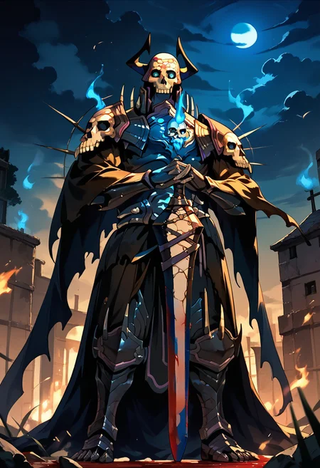 score_9,score_8_up,score_7_up,source_anime, king_hassan_(fate),1boy,holding,weapon,male focus,multiple boys,horns,sword,2boys,holding weapon,armor,blood,mask,glowing,holding sword,helmet,fire,glowing eyes,cloak,spikes,skull,blue fire,black armor,skull mask,