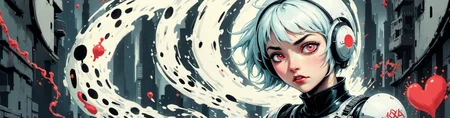 comic strip art, cybrk, surreal, fluid distortion, cartoon painting of a mystical and modern stylish young Japanese woman in a futuristic urban setting. She has a bold, white bob haircut and dons a sleek, robotic-inspired suit with matching steel headphones, with its expressive eyes and face as the focal point. The woman holds a large, white coffee mug adorned with a tiny red heart in her hands. Her body and face are intricately adorned with swirling patterns and designs, creating an abstract appearance, highly detailed, Middle Aged, hard light, deep pink, eerie, pristine, apocalyptic  <lora:cybrk-knight:.5> <lora:art-v5:.4>