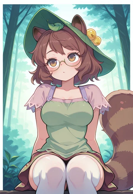 incredibly_absurdres, amazing_background, best quality, pastel_colors, bright_colors, colorful, soft_colors, white border, 1girl, solo, thighhighs, kawaii_babes_style, SNRA-illu,
peaceful,
futatsuiwa mamizou, 1girl, solo, brown eyes, brown hair, short hair, raccoon ears, raccoon tail, semi-rimless eyewear, leaf on head, green headwear,