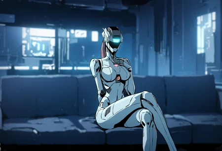 score_9, score_8_up, score_7_up, depth of field, raw, highly detailed, 1girl, solo, medium breasts, female robot, robot girl, tall, skinny, head screen, helmet, long pink ponytail, standing, luminescent futuristic screen, window, futuristic city in the background, screen for head, no face, head display with crt glowing screen, digital face, digital eyes, digital mouth, medium breasts, chest, hand on own chest, thighs, metal body, vivid colors, neon glow, moody lighting, futuristic apartment, couch, sofa, table, curtains, crossed legs,
<lora:scav3ngersV4_epoch_2:1.8>,