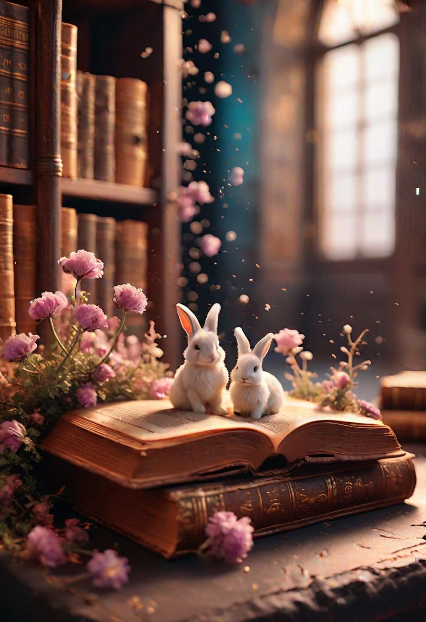 Ancient book of life, in library of Alexandria, magical dust, bokeh blur background, award winning fantasy digital Art (style of Alena Aenami:1.5) , ambient light, 8k, hollowed-out book, a miniature world inside, adorable fluffy bunnies dry flowers