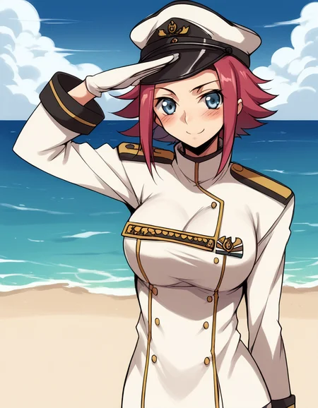 score_9, score_8_up, score_7_up, source_anime, <lora:kallen-stadtfeld-s1-ponyxl-lora-nochekaiser:1>, kallen stadtfeld, blue eyes, red hair, short hair, large breasts,, <lora:kancolle-admiral-cosplay-ponyxl-lora-nochekaiser:1>, kancolle admiral cosplay, admiral (kancolle) (cosplay), naval uniform, cosplay, military uniform, military, peaked cap,, beach, salute, blush, smile, cowboy shot, looking at viewer,