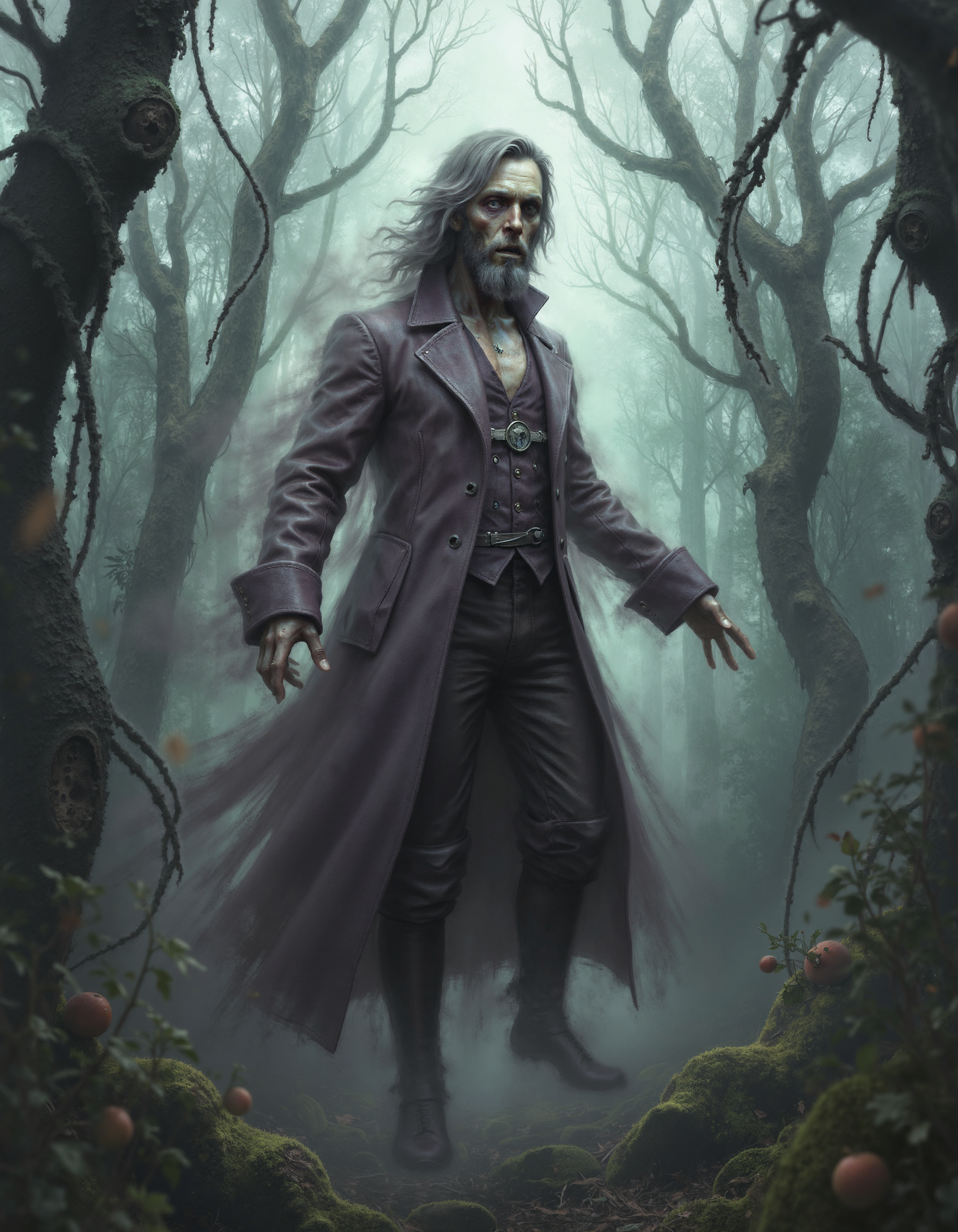 zavy-ghst, A low-angle shot focused on a translucent figure hovering just above the ground, a male ghost with a rugged, sorrowful expression clad in 19th-century clothing whose edges are softly dissolving into mist, he reaches out as if yearning for something lost while drifting through an overgrown, abandoned orchard filled with twisted trees and overripe fruit, captured in an ethereal photograph with a dreamlike quality resembling vintage film, featuring a muted palette of deep purples and eerie greens contrasted against faint golden highlights.