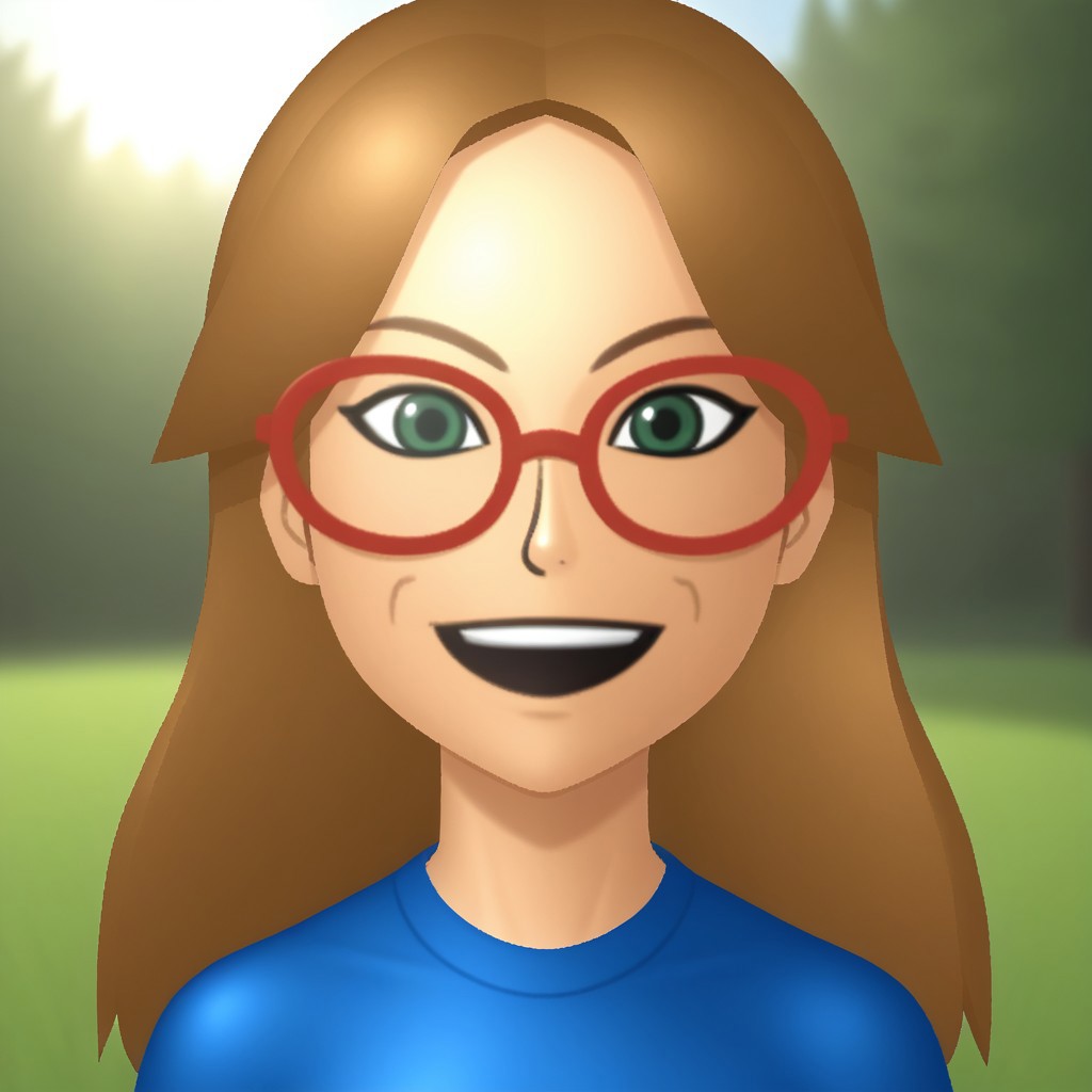 score_9, score_8, BREAK, solo, wii, mii, wii sports, 1girl, female mii, green eyes, dark blonde hair, brown eyebrows, red glasses, open mouth, dark blue clothing, white pants, flip flops, nintendo mii, modern_mii, classic_mii, breasts, ashley_(wii_sports), cute, sexy pose, smile, outdoors, sunlight, shadows, evening lighting, natural lighting, forest, trees, grass, orange sky, sunset