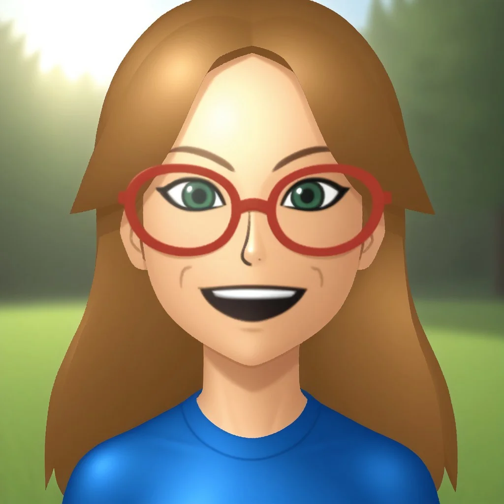 score_9, score_8, BREAK, solo, wii, mii, wii sports, 1girl, female mii, green eyes, dark blonde hair, brown eyebrows, red glasses, open mouth, dark blue clothing, white pants, flip flops, nintendo mii, modern_mii, classic_mii, breasts, ashley_(wii_sports), cute, sexy pose, smile, outdoors, sunlight, shadows, evening lighting, natural lighting, forest, trees, grass, orange sky, sunset