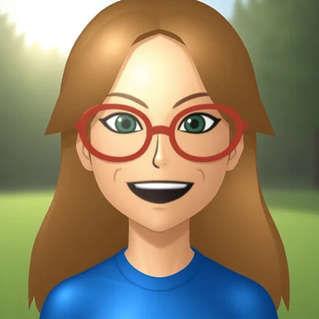 score_9, score_8, BREAK, solo, wii, mii, wii sports, 1girl, female mii, green eyes, dark blonde hair, brown eyebrows, red glasses, open mouth, dark blue clothing, white pants, flip flops, nintendo mii, modern_mii, classic_mii, breasts, ashley_(wii_sports), cute, sexy pose, smile, outdoors, sunlight, shadows, evening lighting, natural lighting, forest, trees, grass, orange sky, sunset
