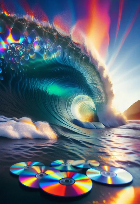a huge wave made of cd's, surf photography, sunrise, step into liquid, god rays, psych3delic