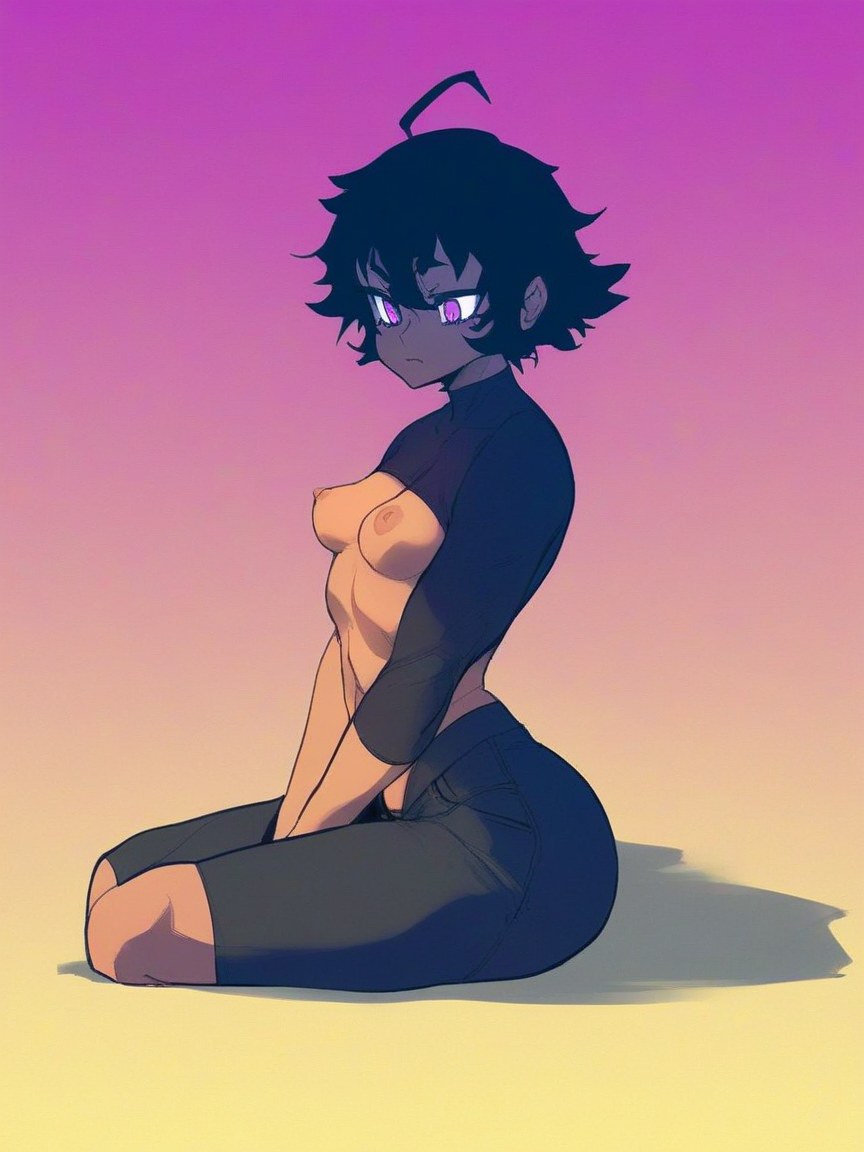 3D papercut shadow box of score_9, score_8_up, score_7_up, score_6_up, score_5_up, score_4_up, source_anime,source_cartoon,
1girl with swooping breasts, 
dark chestnut hair Tousled Pixie,
cami top,
small breasts,
osiimi,
(gradient background:1.22),
from behind,
sitting with legs crossed,
hopeful
 . Layered, dimensional, depth, silhouette, shadow, papercut, handmade, high contrast concept art <lora:breasts++-PD-swooping-1.0:1>
