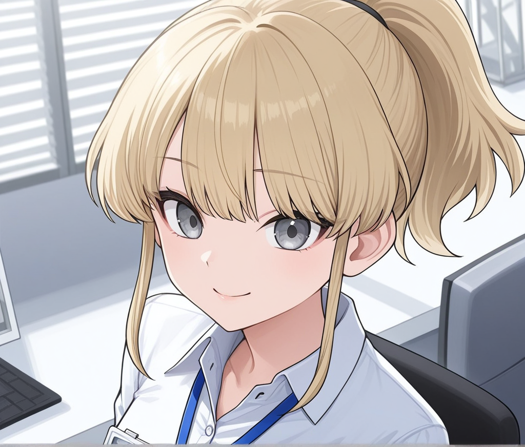 1girl, Iyo, ponytail, shirt, id card, office, smile, blonde hair, grey eyes