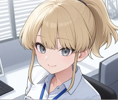 1girl, Iyo, ponytail, shirt, id card, office, smile, blonde hair, grey eyes
