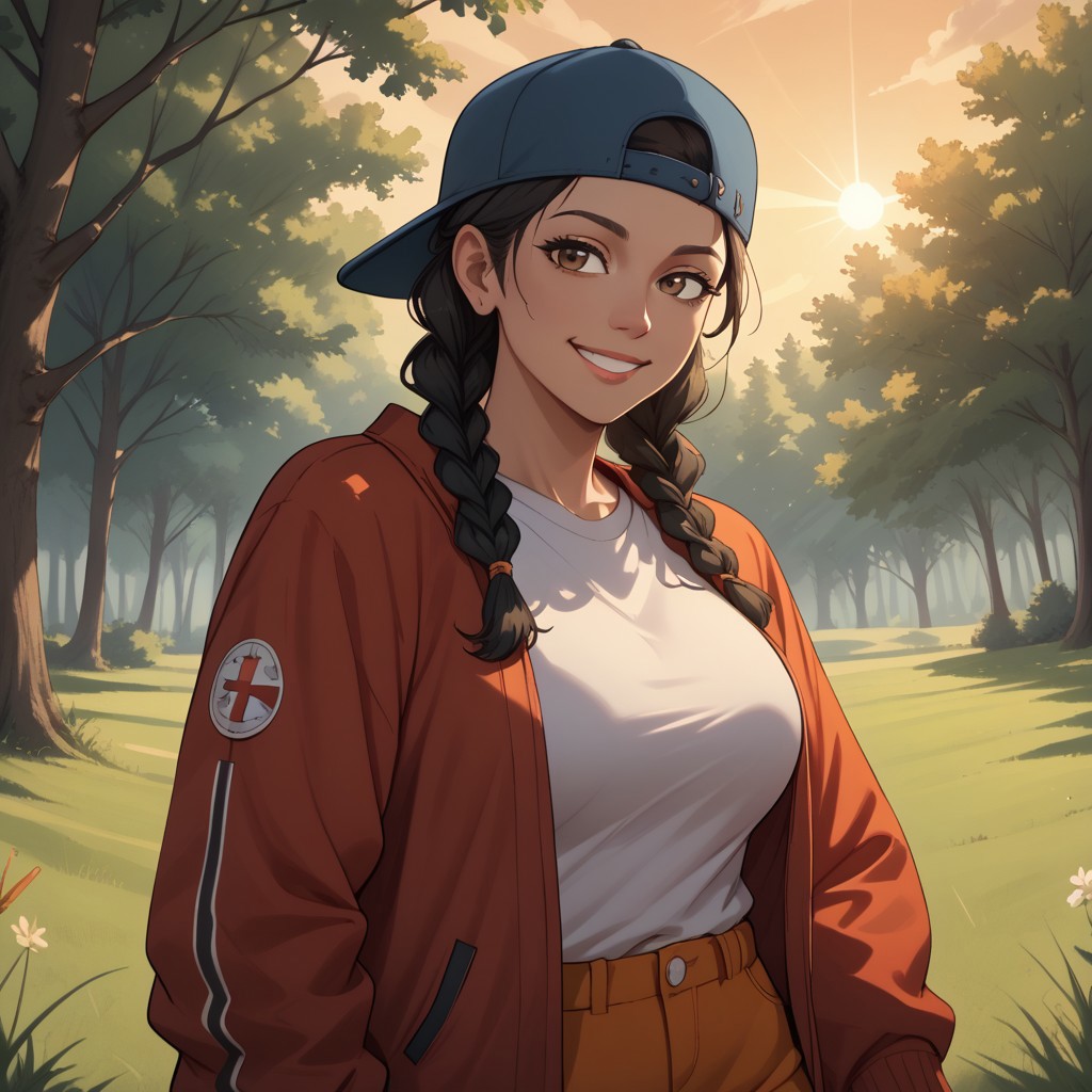 score_9, score_8, BREAK, solo, Flip Johnson, Dark-skinned female, twin braids, black hair, backwards hat, baseball hat, brown eyes, shorts, red jacket, white shirt, mature woman, adult woman, breasts, sexy pose, self portrait, smile, outdoors, sunlight, shadows, evening lighting, natural lighting, forest, trees, grass, orange sky, sunset