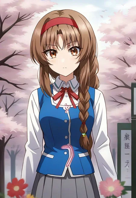 best quality, 4k, rating_safe, very aesthetic, source_anime,1girl, <lora:Takao:0.9>,takao,brown hair,brown eyes,long hair,single braid,red hairband,neck ribbon,white shirt,long sleeves,blue vest,gray skirt,school uniform,