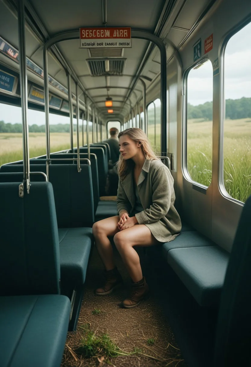 Score_PnyReal C4M3R403, no humans, ground vehicle, scenery, grass, seat, train interior, outdoors, grainy, film photography