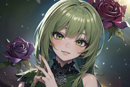 (masterpiece:1.4), 4K8K, (anime style), (high shutterspeed:1.4), (sharp edges),
SyFyEye1, FanFo,
1woman hands togather, leaning foward, face focus, smile, closed mouth,
wearing Celtic style dress, (Detailed face, Detailed eyes, Detailed lips), (solo),
olive hair, any colored roses, Fantastic, turf,