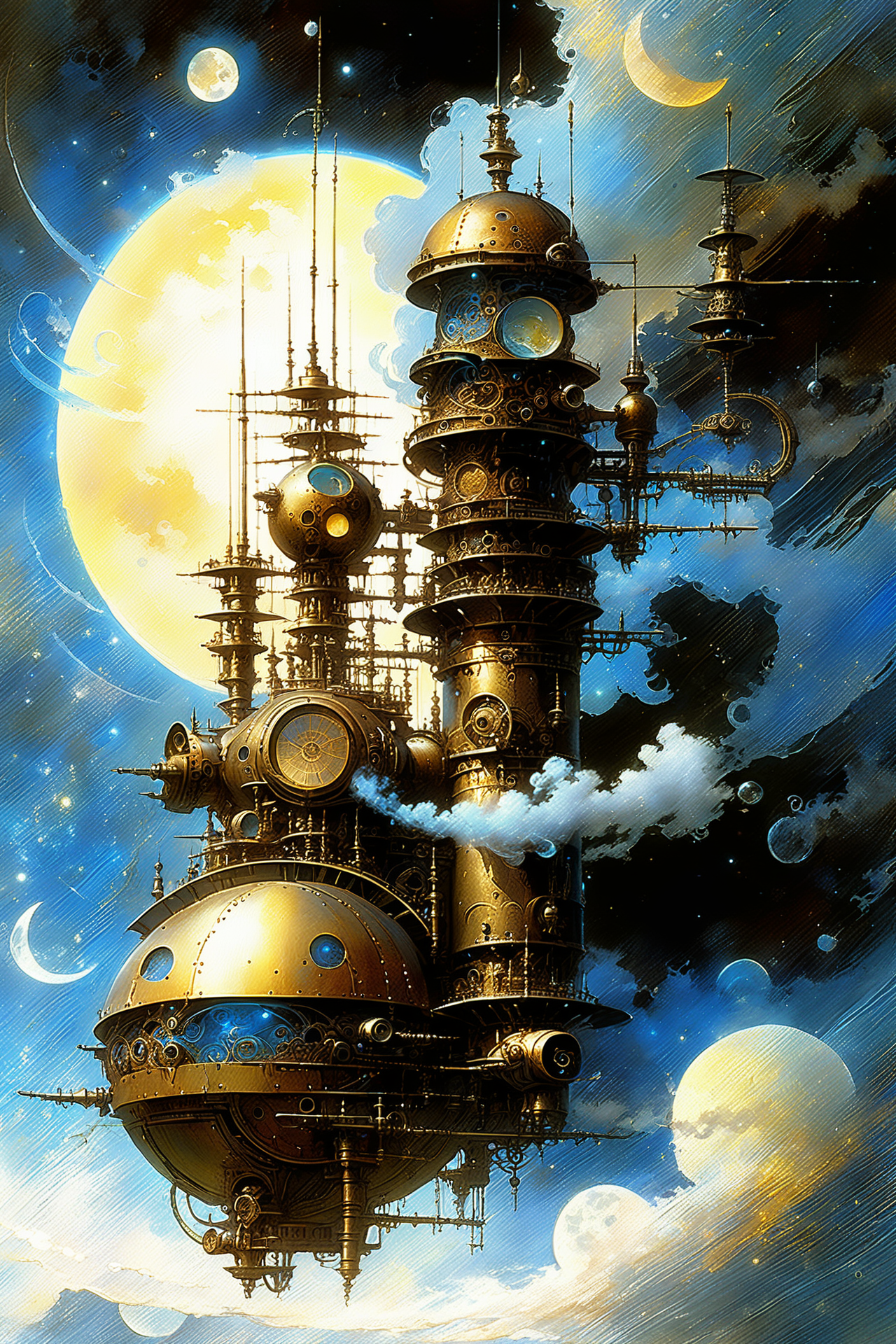 fantastic futuristic steam punk made of shiny brass towers, floating_swirls_made_of_steam, steam, smoke, blue sky, silver moons, dramatic color palette, <lora:add-detail-xl:2> misc   <lora:DonMW15pXL:0.5> DonMW15pXL,  <lora:d\EnvyFantasticXL01:1> <lora:John Berkey Style:0.6> John Berkey Style page, (masterpiece:1.2), best quality, (hyperdetailed, highest detailed:1.2), high resolution textures, <lora:EnvyBetterHiresFixXL01:1>